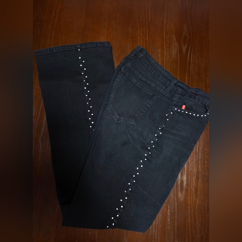 New York & Co Tummy Tuck Black Rhinestone Jeans Size 10 Long